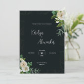 ダークグリーンの背景に白い花の結婚式 招待状 (スタンド正面)