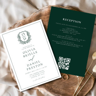 ダークグリーンの花柄クレストモノグラム結婚式QRコード 招待状
