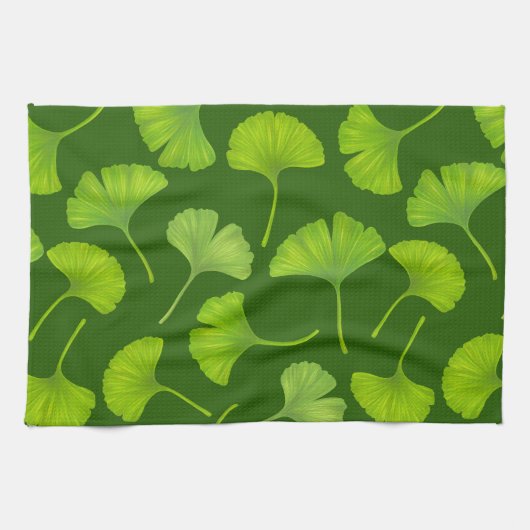 ダークグリーンの銀杏 キッチンタオル (横)