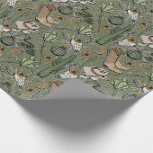 ダークグリーンウエスタングラウイングカウボーイスカル&サボテン ラッピングペーパー (角)