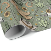 ダークグリーンウエスタングラウイングカウボーイスカル&サボテン ラッピングペーパー (ロールコーナー)