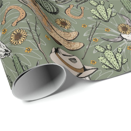 ダークグリーンウエスタングラウイングカウボーイスカル&サボテン ラッピングペーパー (ロールコーナー)