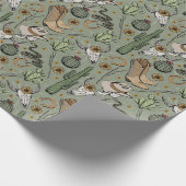 ダークグリーンウエスタングラウイングカウボーイスカル&サボテン ラッピングペーパー (角)