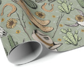 ダークグリーンウエスタングラウイングカウボーイスカル&サボテン ラッピングペーパー (ロールコーナー)