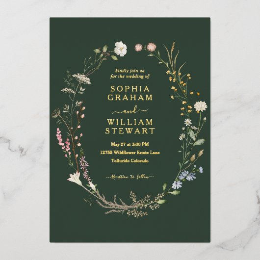 ダークグリーンウォーターカラーワイルドフラワーテーマ結婚ズ 箔招待状 (正面)