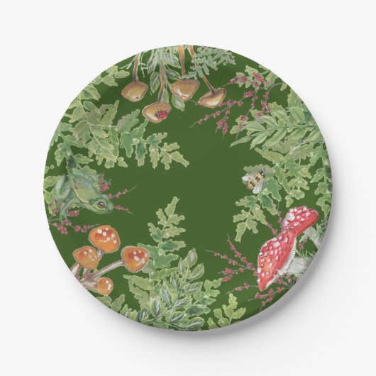 ダークグリーンウッドランドフロッグビー素朴キノコ ペーパープレート (正面)