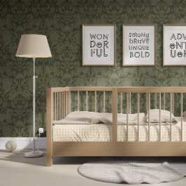 ダークグリーンウッドランドブロックプリントダマスク 壁紙