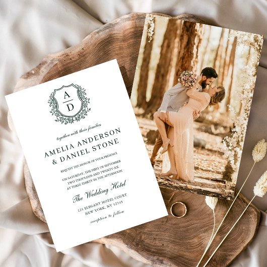 ダークグリーンエレガントフローラクレストモノグラム結婚ズ 招待状