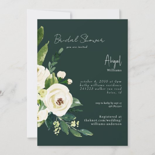 ダークグリーンエレガントホワイトフローラブライダルシャワー 招待状 (正面)