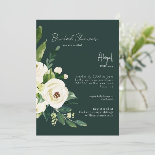 ダークグリーンエレガントホワイトフローラブライダルシャワー 招待状 (スタンド正面)
