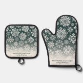ダークグリーンクリスマスの冬の雪グラデーション片 鍋つかみ&鍋敷きセット (正面)