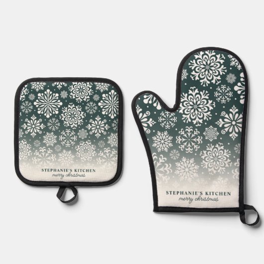 ダークグリーンクリスマスの冬の雪グラデーション片 鍋つかみ&鍋敷きセット (正面)