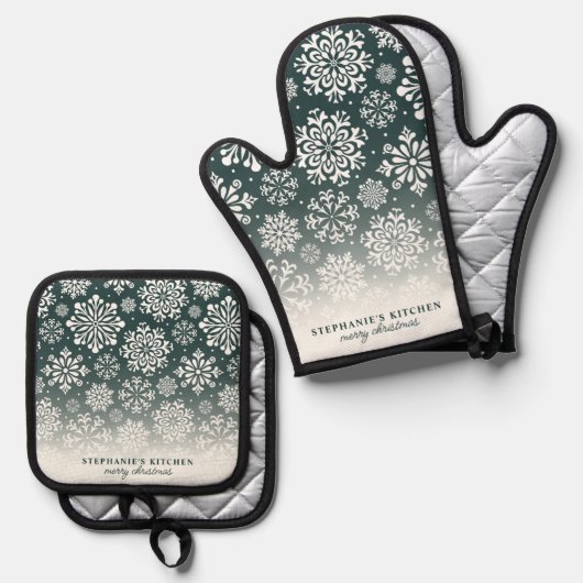 ダークグリーンクリスマスの冬の雪グラデーション片 鍋つかみ&鍋敷きセット (正面/裏面)