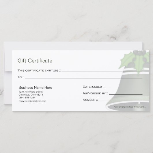 ダークグリーンクリスマスベルホリデーギフト証明書 (裏面)