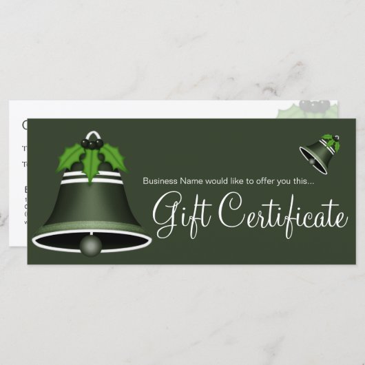 ダークグリーンクリスマスベルホリデーギフト証明書 (正面/裏面)