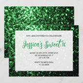 ダークグリーングリッタースパークルスウィート16スクリプエレガントト 招待状 (正面/裏面)