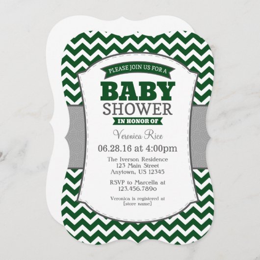 ダークグリーングレーシェブロンベビーシャワー招待状 招待状 (正面/裏面)