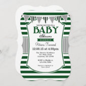 ダークグリーングレーストライプ招待状ベビーシャワー 招待状 (正面/裏面)
