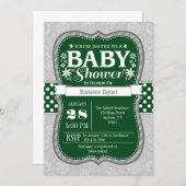 ダークグリーングレーフローラフラワーベビーシャワー招待状 招待状 (正面/裏面)