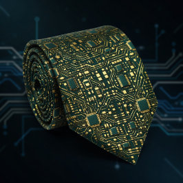 ダークグリーンゴールドテックマザーボードパターン ネクタイ