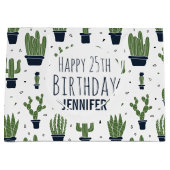 ダークグリーンサボテン砂漠パターンハッピーバースデー ラージペーパーバッグ (正面)