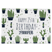 ダークグリーンサボテン砂漠パターンハッピーバースデー ラージペーパーバッグ (裏面)