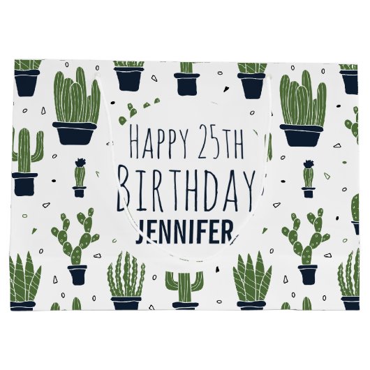 ダークグリーンサボテン砂漠パターンハッピーバースデー ラージペーパーバッグ (裏面)