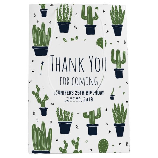 ダークグリーンサボテン砂漠パターン誕生日の恩恵 ミディアムペーパーバッグ (正面)