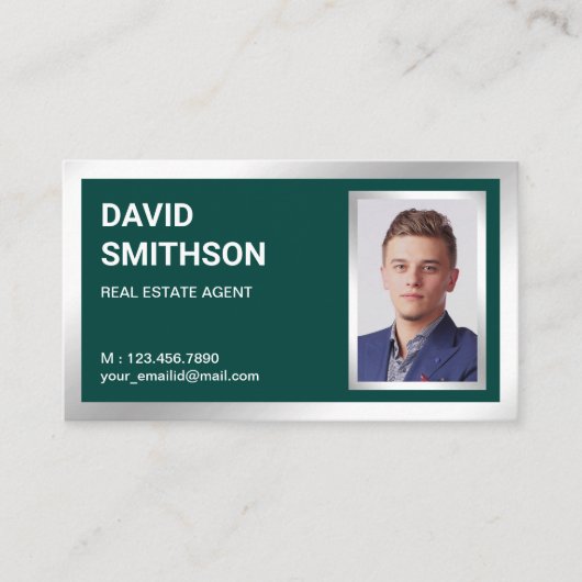 ダークグリーンシルバーフォイル実在エステート不動産仲介業者写真 名刺 (正面)
