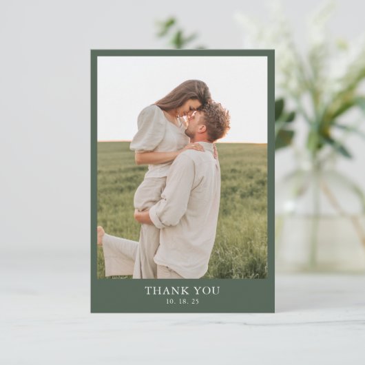 ダークグリーンシンプルクラス2フォト結婚ズ サンキューカード (スタンド正面)