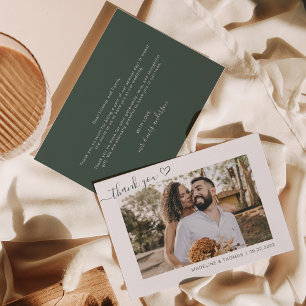 ダークグリーンシンプルフォトハートスクリプ結婚ト サンキューカード