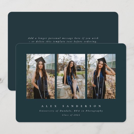 ダークグリーンシンプルモダントリプル写真卒業 案内状 (正面/裏面)