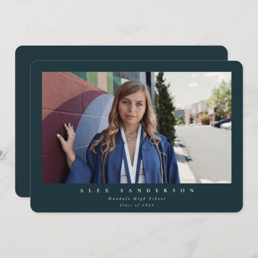 ダークグリーンシンプルモダン独身の写真の卒業 案内状 (正面/裏面)
