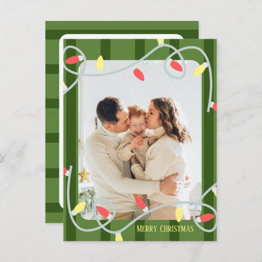 ダークグリーンストライプのファミリーフォトクリスマスカード 案内ポストカード (正面/裏面)