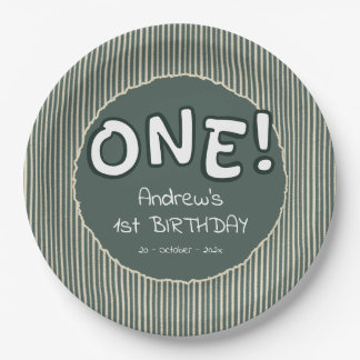 ダークグリーンストライプ 1歳誕生日 ペーパープレート