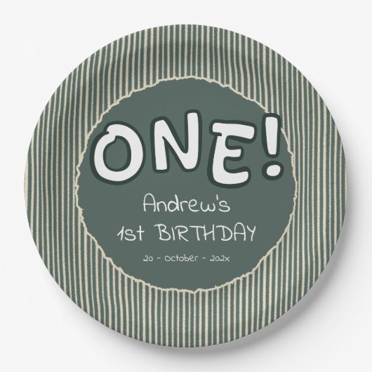 ダークグリーンストライプ 1歳誕生日 ペーパープレート (正面)