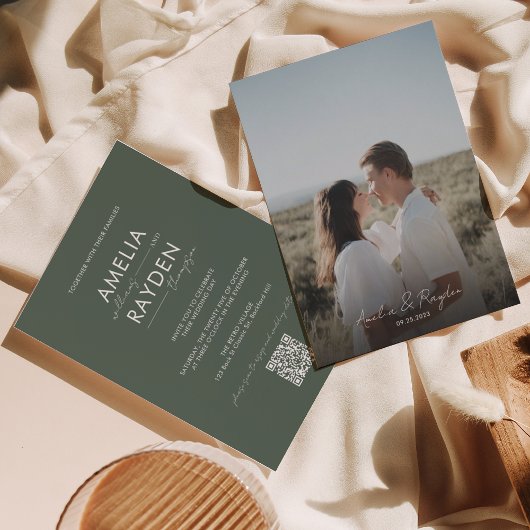 ダークグリーンタイポグラフィスクリプトフォトQRコー結婚ド 招待状