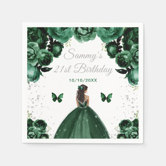 ダークグリーンダークスキンプリンセス誕生日パーティー スタンダードカクテルナプキン (正面)