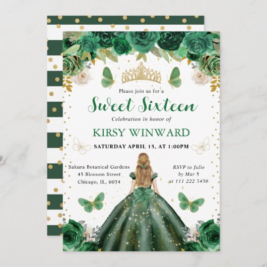 ダークグリーンドレスブロンドプリンセススウィート16 招待状 (正面/裏面)