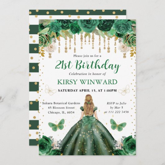 ダークグリーンドレスブロンドヘアプリンセス誕生日 招待状 (正面/裏面)
