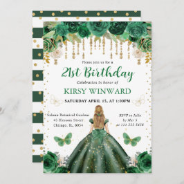 ダークグリーンドレスブロンドヘアプリンセス誕生日 招待状