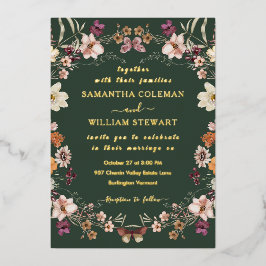 ダークグリーンパステルワイルドフラワーモダンボホ結婚ズ 箔招待状