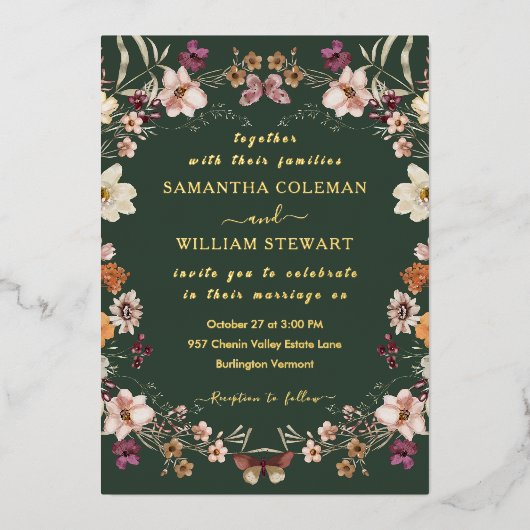 ダークグリーンパステルワイルドフラワーモダンボホ結婚ズ 箔招待状 (正面)