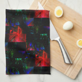 ダークグリーンパッチ上の赤い四角のモザイクオーバーレイ キッチンタオル (四つ折り)