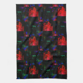 ダークグリーンパッチ上の赤い四角のモザイクオーバーレイ キッチンタオル (縦)