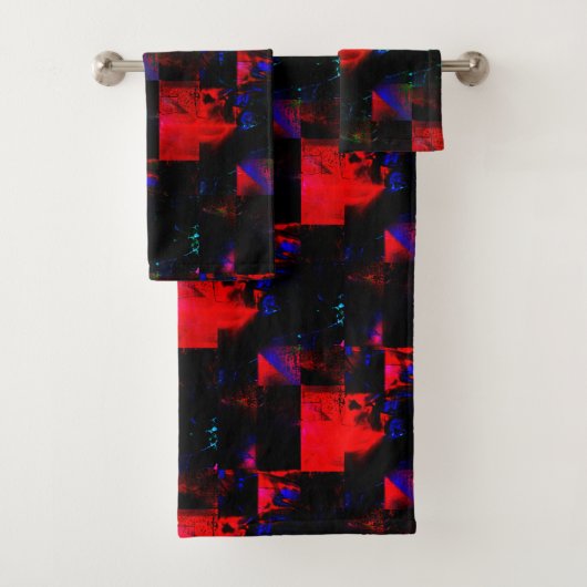 ダークグリーンパッチ上の赤い四角のモザイクオーバーレイ バスタオルセット (インサイチュ)