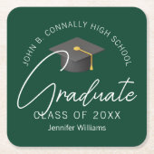 ダークグリーンパーソナライズされた卒業会 スクエアペーパーコースター (正面)