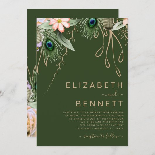ダークグリーンピーコックフェザー結婚ズ 招待状 (正面/裏面)