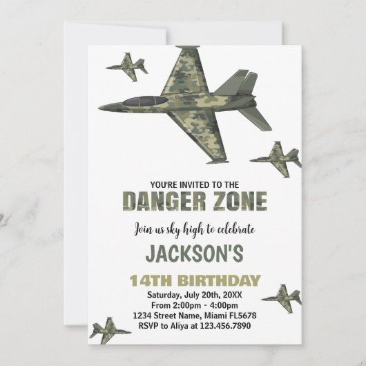 ダークグリーンファイタージェット誕生日招待状 招待状 (正面)
