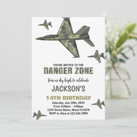 ダークグリーンファイタージェット誕生日招待状 招待状 (スタンド正面)